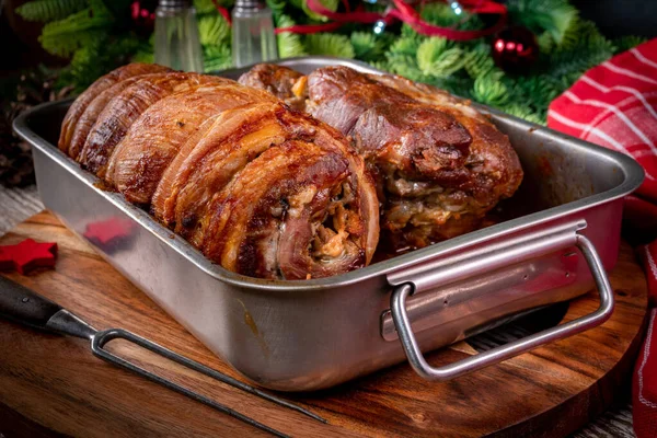 Baked Bacon Roulade Roasted Pork Neck Metal Roasting Pan — Stock Photo, Image