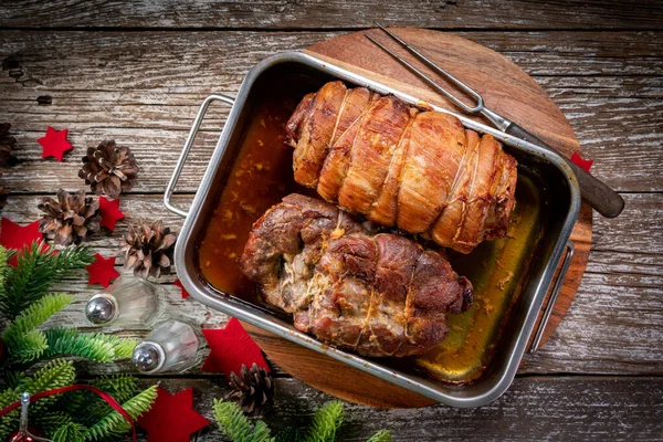 Baked Bacon Roulade Roasted Pork Neck Metal Roasting Pan — Stock Photo, Image