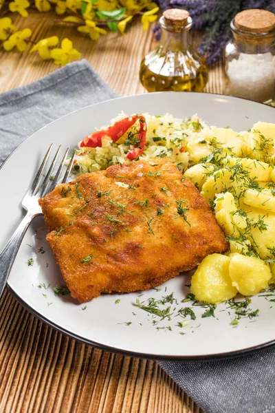 Breaded Fish Potato Salad Sauerkraut Dinner Selective Focus — Stock Photo, Image