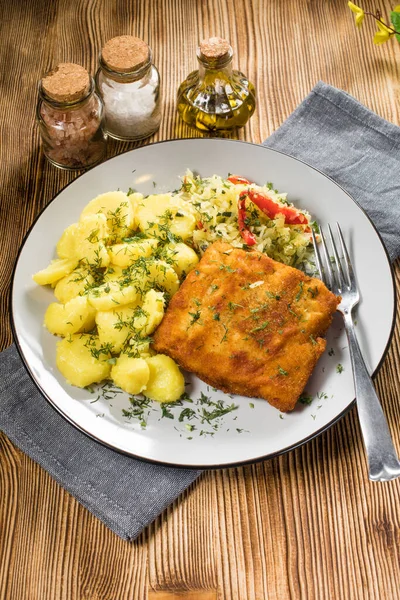 Breaded Fish Potato Salad Sauerkraut Dinner Selective Focus — Stock Photo, Image