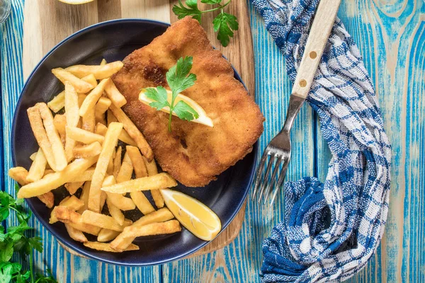 Piece Fried Cod Fries Plate Top View — Stock Photo, Image