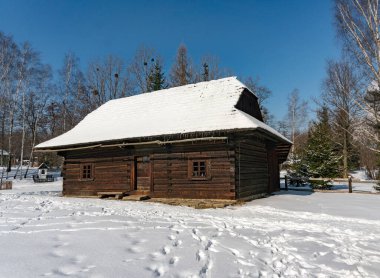CHORZOW, POLAND - 15 Şubat 2021: Chorzow 'daki Yukarı Silezya Etnoğrafya Parkı.