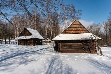 CHORZOW, POLAND - 15 Şubat 2021: Chorzow 'daki Yukarı Silezya Etnoğrafya Parkı.