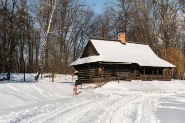 CHORZOW, POLAND - 15 Şubat 2021: Chorzow 'daki Yukarı Silezya Etnoğrafya Parkı.