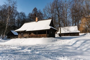 CHORZOW, POLAND - 15 Şubat 2021: Chorzow 'daki Yukarı Silezya Etnoğrafya Parkı.