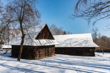 CHORZOW, POLAND - 15 Şubat 2021: Chorzow 'daki Yukarı Silezya Etnoğrafya Parkı.