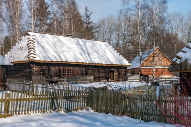CHORZOW, POLAND - 15 Şubat 2021: Chorzow 'daki Yukarı Silezya Etnoğrafya Parkı.