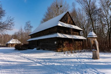 CHORZOW, POLAND - 15 Şubat 2021: Chorzow 'daki Yukarı Silezya Etnoğrafya Parkı.