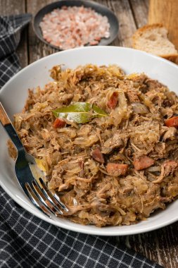 Bigos. Etli lahana turşusu, kurutulmuş mantar ve sosis. Geleneksel Polonya mutfağı..