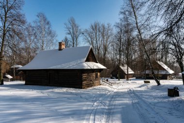 CHORZOW, POLAND - 15 Şubat 2021: Chorzow 'daki Yukarı Silezya Etnoğrafya Parkı.