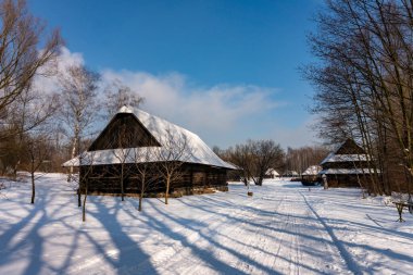 CHORZOW, POLAND - 15 Şubat 2021: Chorzow 'daki Yukarı Silezya Etnoğrafya Parkı.