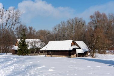 CHORZOW, POLAND - 15 Şubat 2021: Chorzow 'daki Yukarı Silezya Etnoğrafya Parkı.