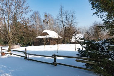 CHORZOW, POLAND - 15 Şubat 2021: Chorzow 'daki Yukarı Silezya Etnoğrafya Parkı.