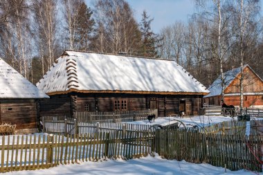 CHORZOW, POLAND - 15 Şubat 2021: Chorzow 'daki Yukarı Silezya Etnoğrafya Parkı.