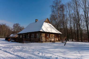 CHORZOW, POLAND - 15 Şubat 2021: Chorzow 'daki Yukarı Silezya Etnoğrafya Parkı.