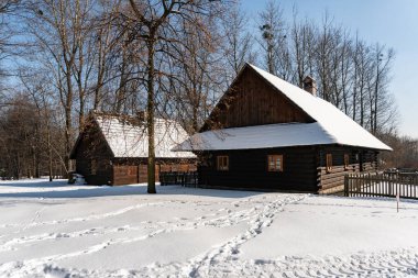 CHORZOW, POLAND - 15 Şubat 2021: Chorzow 'daki Yukarı Silezya Etnoğrafya Parkı.