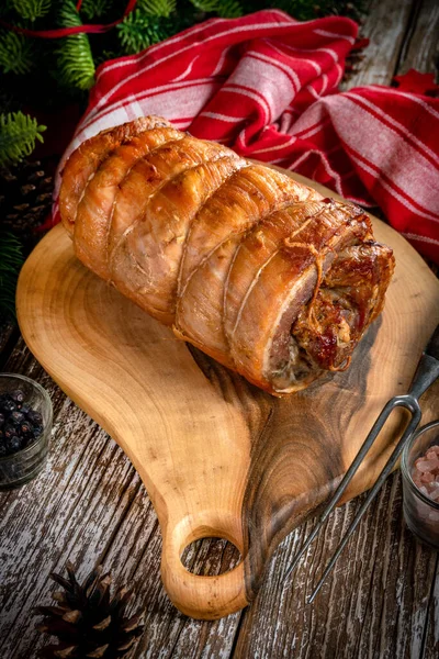 Baked Rolled Bacon Wooden Chopping Board — Stock Photo, Image