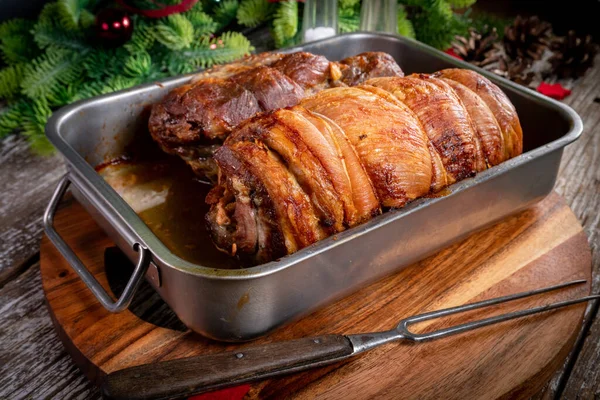 Baked Bacon Roulade Roasted Pork Neck Metal Roasting Pan — Stock Photo, Image