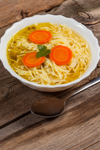 Broth - chicken soup with noodles.