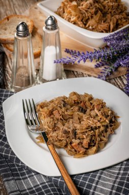 Bigos. Etli lahana turşusu, kurutulmuş mantar ve sosis. Geleneksel Polonya mutfağı..