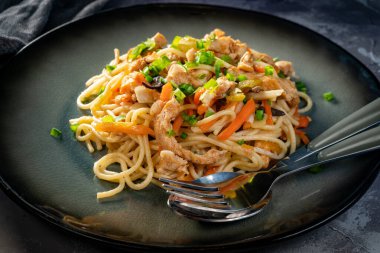 Tavuk ve sebzeli kızarmış erişte. Tavuk chow mein.