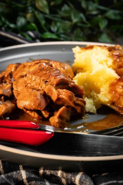 Sos ve patates püresiyle servis edilen haşlanmış hindi eti. Sığ alan derinliği.