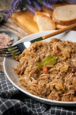 Bigos. Etli lahana turşusu, kurutulmuş mantar ve sosis. Geleneksel Polonya mutfağı..