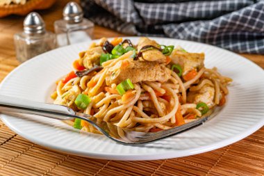 Tavuk ve sebzeli kızarmış erişte. Tavuk chow mein.