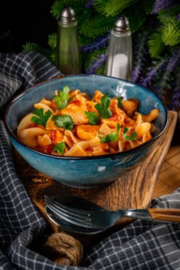 Domates soslu erişteli tavuk parçaları. Sığ alan derinliği.