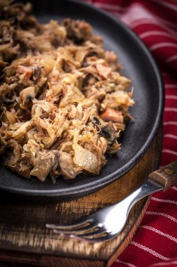 Geleneksel Lehçe lahana turşusu (bigos) Mantar ve et.