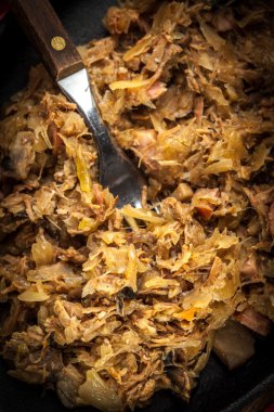 Geleneksel Lehçe lahana turşusu (bigos) Mantar ve et.