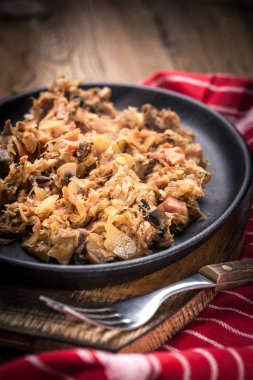 Geleneksel Lehçe lahana turşusu (bigos) Mantar ve et.