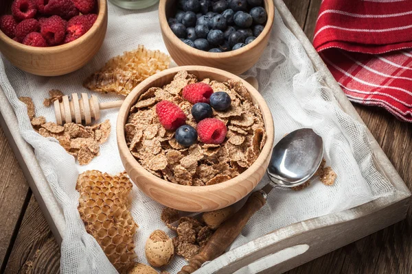 Bowl of cereals with blueberries and raspberrie.