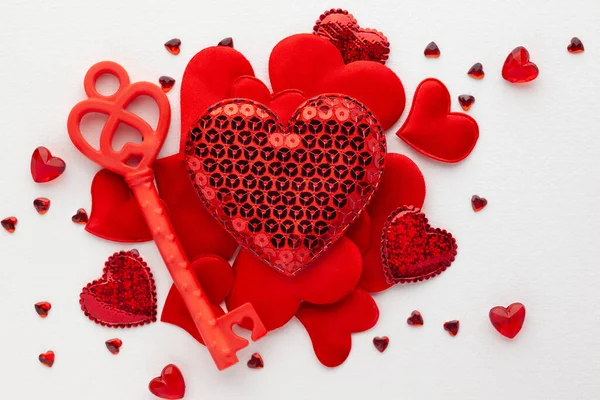 Valentine Day Concept Red Hearts Flat Lay Copy Space — Stock Photo, Image