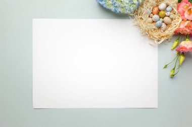 Yuvada Paskalya yumurtaları ve bahar çiçekleriyle mutlu Paskalya konsepti. Kopya alanı olan Paskalya arkaplanı. Düz yatıyordu.