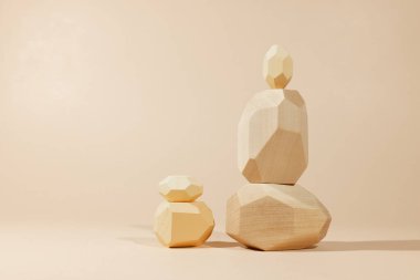 Geometrik dengeleyici tahta taşların bileşimi. Denge kavramı. Kopyalama alanı olan arkaplan.