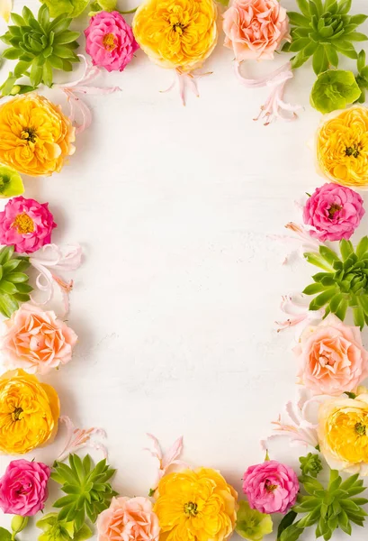 Σύνθεση Όμορφα Λουλούδια Παχύφυτα Και Φύλλα Ανοιχτό Φόντο Σκελετός Λουλουδιών — Φωτογραφία Αρχείου