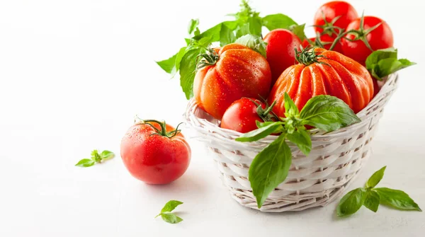 Assorted Fresh Ripe Tomatoes Basil Basket Healthy Food Concept Clean — Stock Photo, Image