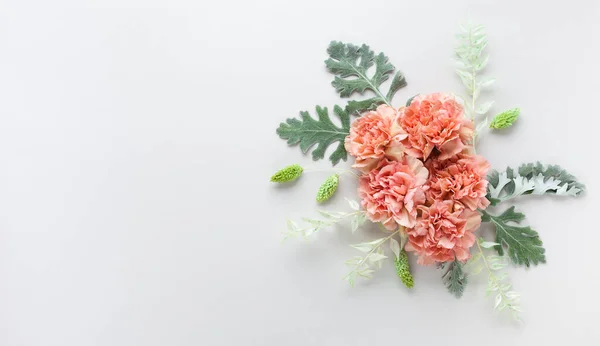 Blütenkomposition Aus Korallennelke Und Silbergrünen Blättern Von Senecio Cineraria Auf — Stockfoto