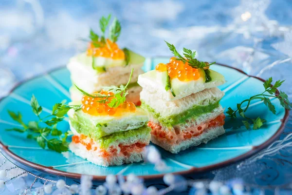 Striped Sandwiches Red Caviar Cucumber Avocado Holiday — Stock Photo, Image