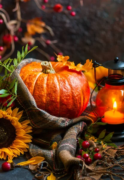 Herbststilleben Mit Kürbis Sonnenblumen Und Brennender Kerze — Stockfoto