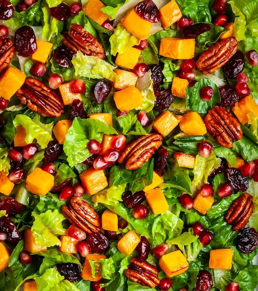 Herbst Oder Wintersalat Mit Geröstetem Kürbis Getrockneten Preiselbeeren Pekannüssen Und — Stockfoto