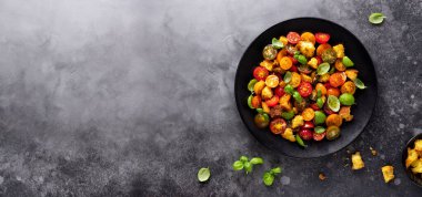 Kirazlı domates salatası ve ekmek. Geleneksel İtalyan salatası Panzanella. Sağlıklı Akdeniz mutfağı. Süper manzara..