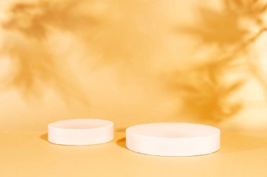 Geometrik podyumlarla sonbahar arkaplanı ve duvarda akçaağaç yapraklarının gölgesi. Kopya alanı ile soyut sonbahar sahnesi.