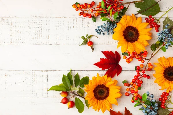 秋天的构图 用向日葵 树叶和浆果装饰在白色的木制桌子上 平躺在地上 复制空间 秋收或感恩节的概念 — 图库照片