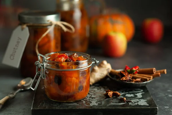 Homemade Pumpkin Apple Chutney Raisins Jars Table Delicious Sweet Spicy — Stock Photo, Image