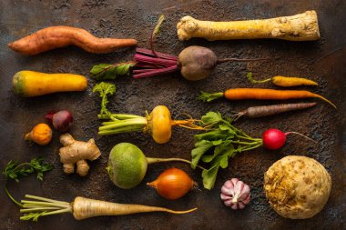 Dokulu arka planda taze kök sebzeler. Sonbahar hasadı. Sağlıklı gıda kavramı.