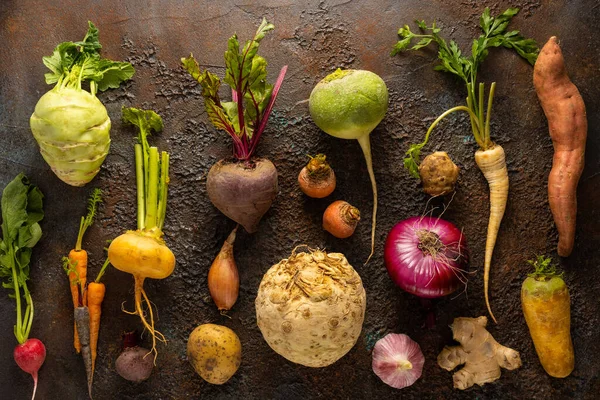Zöldségek Gyökérzöldségek Választéka Texturált Háttérrel Őszi Szüret Egészséges Étel Vegetáriánus — Stock Fotó