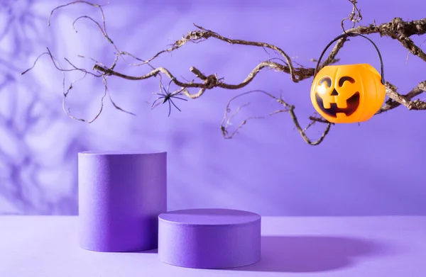 Halloween Party Concept Podiums Pedestals Products Display Pumpkin Buckets Candies — Stock Photo, Image