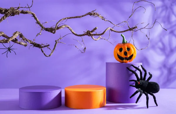 Halloween Holiday Concept Podiums Pedestals Products Display Spiders Pumpkin Purple — Stock Photo, Image